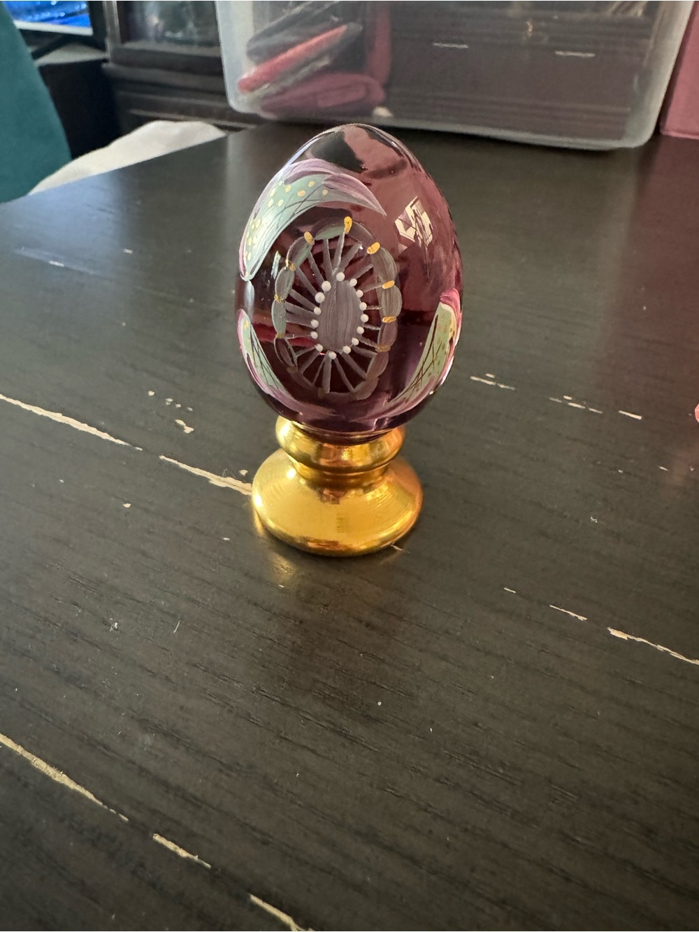 Fenton Hand-Painted Purple Decorative Glass Egg with Gold Stand